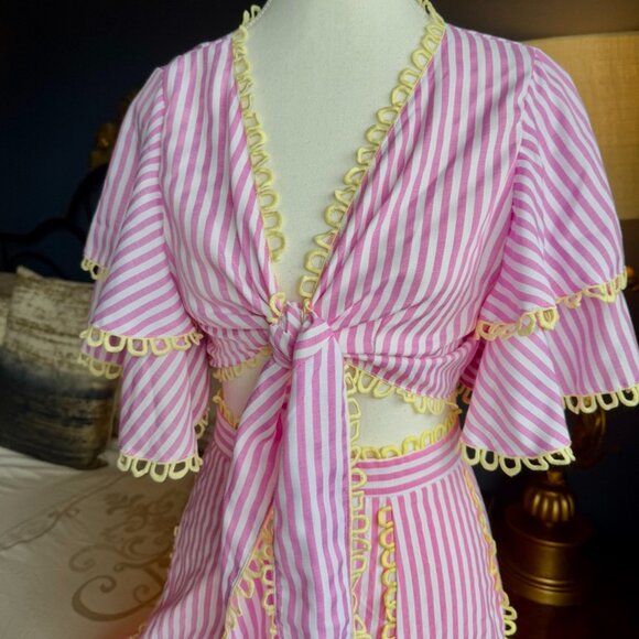 Pink and White Striped w Yellow Trim Flounce Tie Top and Maxi Skirt Set - Picture 4 of 15